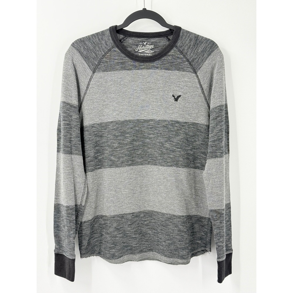 American Eagle Thermal Shirt Mens Large Gray Striped Y2k Preppy Grunge Pullover